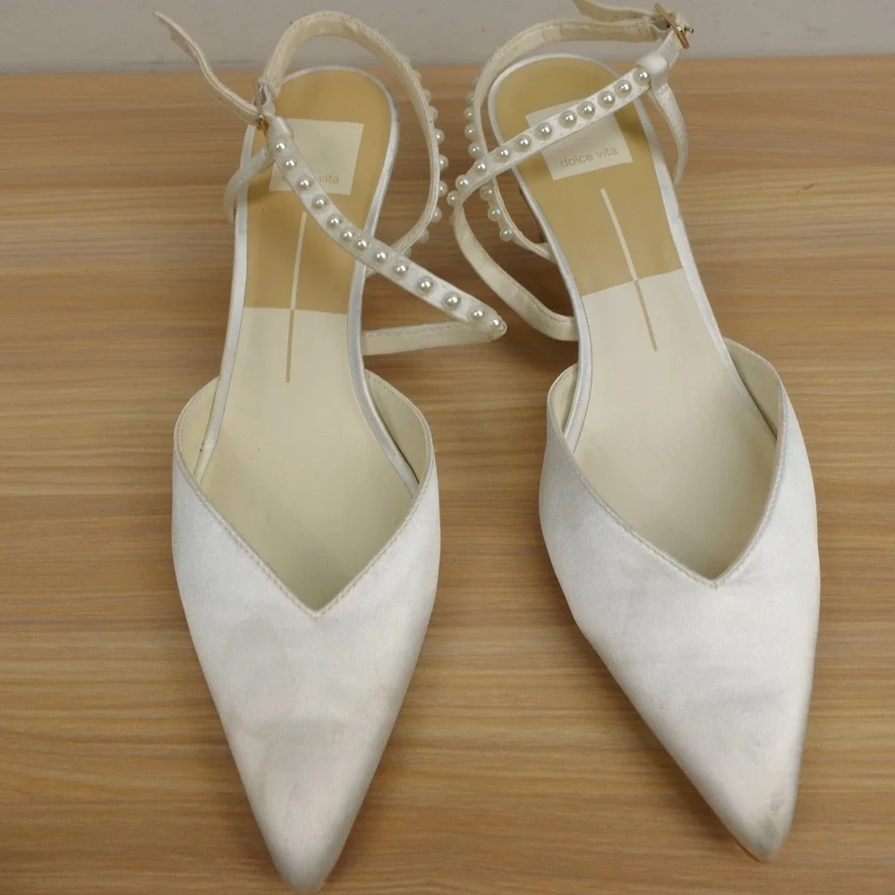 Dolce Vita Womens Slingback Pumps 8.5 White Bridal Pearl Satin Kitten Heel